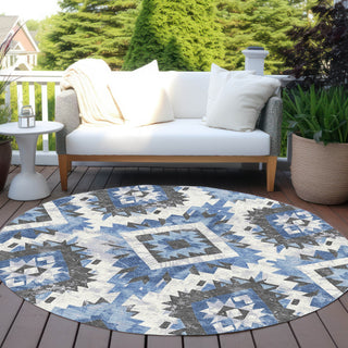 Piper Looms Chantille Aztec ACN1878 Blue Machine Washable Area Rug Round Outdoor Lifestyle Image Feature