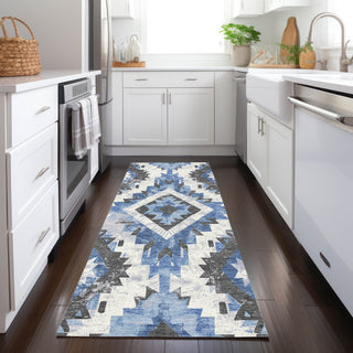 Piper Looms Chantille Aztec ACN1878 Blue Machine Washable Area Rug Runner Lifestyle Image Feature