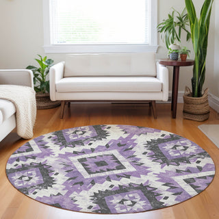 Piper Looms Chantille Aztec ACN1878 Purple Machine Washable Area Rug Round Lifestyle Image Feature