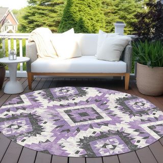 Piper Looms Chantille Aztec ACN1878 Purple Machine Washable Area Rug Round Outdoor Lifestyle Image Feature