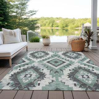 Piper Looms Chantille Aztec ACN1878 Seafoam Machine Washable Area Rug Outdoor Lifestyle Image Feature