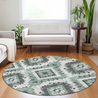 Piper Looms Chantille Aztec ACN1878 Seafoam Machine Washable Area Rug Round Lifestyle Image Feature