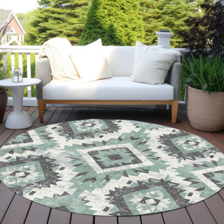 Piper Looms Chantille Aztec ACN1878 Seafoam Machine Washable Area Rug Round Outdoor Lifestyle Image Feature