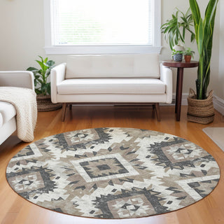 Piper Looms Chantille Aztec ACN1878 Taupe Machine Washable Area Rug Round Lifestyle Image Feature