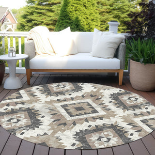 Piper Looms Chantille Aztec ACN1878 Taupe Machine Washable Area Rug Round Outdoor Lifestyle Image Feature