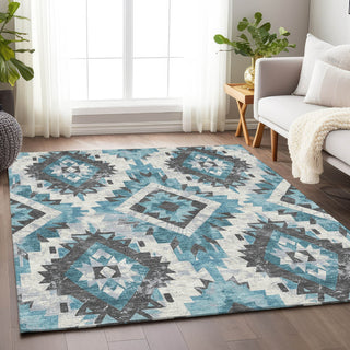 Piper Looms Chantille Aztec ACN1878 Teal Machine Washable Area Rug Lifestyle Image Feature