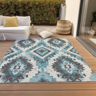 Piper Looms Chantille Aztec ACN1878 Teal Machine Washable Area Rug Outdoor Lifestyle Image Feature