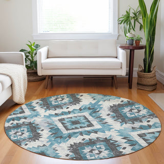 Piper Looms Chantille Aztec ACN1878 Teal Machine Washable Area Rug Round Lifestyle Image Feature
