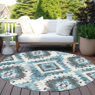 Piper Looms Chantille Aztec ACN1878 Teal Machine Washable Area Rug Round Outdoor Lifestyle Image Feature