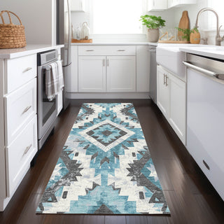 Piper Looms Chantille Aztec ACN1878 Teal Machine Washable Area Rug Runner Lifestyle Image Feature