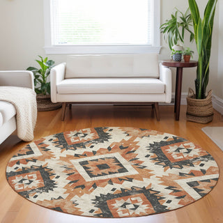 Piper Looms Chantille Aztec ACN1878 Terracotta Machine Washable Area Rug Round Lifestyle Image Feature