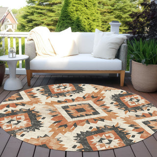 Piper Looms Chantille Aztec ACN1878 Terracotta Machine Washable Area Rug Round Outdoor Lifestyle Image Feature