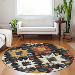 Piper Looms Chantille Aztec ACN1879 Black Machine Washable Area Rug Round Lifestyle Image Feature