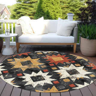 Piper Looms Chantille Aztec ACN1879 Black Machine Washable Area Rug Round Outdoor Lifestyle Image Feature