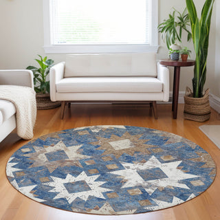 Piper Looms Chantille Aztec ACN1879 Blue Machine Washable Area Rug Round Lifestyle Image Feature