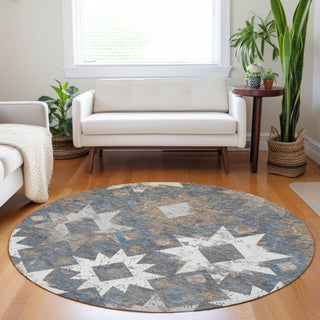 Piper Looms Chantille Aztec ACN1879 Gray Machine Washable Area Rug Round Lifestyle Image Feature
