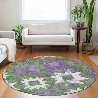 Piper Looms Chantille Aztec ACN1879 Green Machine Washable Area Rug Round Lifestyle Image Feature