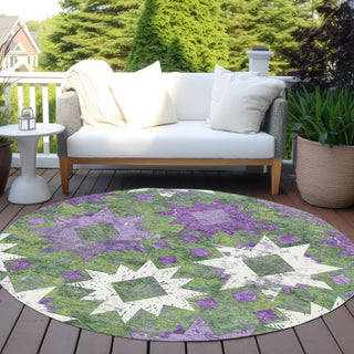 Piper Looms Chantille Aztec ACN1879 Green Machine Washable Area Rug Round Outdoor Lifestyle Image Feature