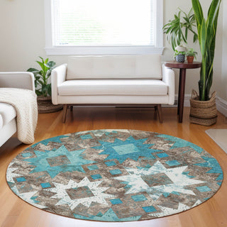Piper Looms Chantille Aztec ACN1879 Teal Machine Washable Area Rug Round Lifestyle Image Feature
