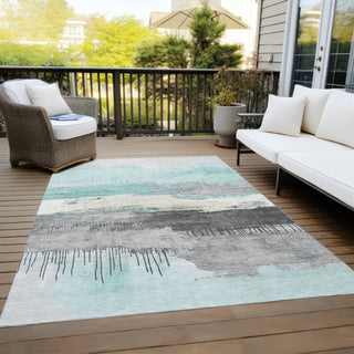 Piper Looms Chantille Modern ACN1880 Teal Machine Washable Area Rug Outdoor Lifestyle Image Feature