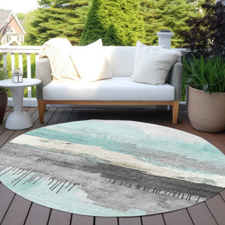 Piper Looms Chantille Modern ACN1880 Teal Machine Washable Area Rug Round Outdoor Lifestyle Image Feature