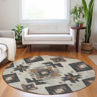 Piper Looms Chantille Aztec ACN1882 Beige Machine Washable Area Rug Round Lifestyle Image Feature
