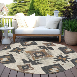 Piper Looms Chantille Aztec ACN1882 Beige Machine Washable Area Rug Round Outdoor Lifestyle Image Feature