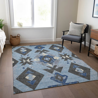 Piper Looms Chantille Aztec ACN1882 Blue Machine Washable Area Rug Lifestyle Image Feature