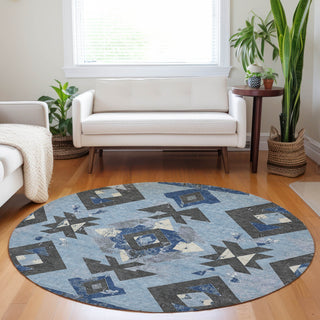 Piper Looms Chantille Aztec ACN1882 Blue Machine Washable Area Rug Round Lifestyle Image Feature