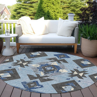 Piper Looms Chantille Aztec ACN1882 Blue Machine Washable Area Rug Round Outdoor Lifestyle Image Feature