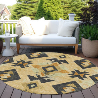 Piper Looms Chantille Aztec ACN1882 Gold Machine Washable Area Rug Round Outdoor Lifestyle Image Feature