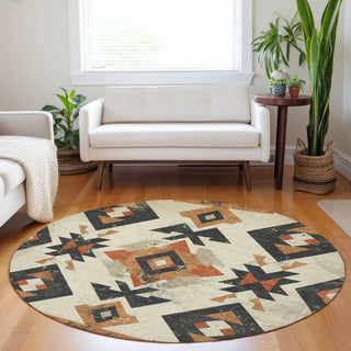 Piper Looms Chantille Aztec ACN1882 Ivory Machine Washable Area Rug Round Lifestyle Image Feature