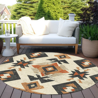 Piper Looms Chantille Aztec ACN1882 Ivory Machine Washable Area Rug Round Outdoor Lifestyle Image Feature