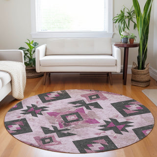 Piper Looms Chantille Aztec ACN1882 Pink Machine Washable Area Rug Round Lifestyle Image Feature