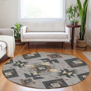 Piper Looms Chantille Aztec ACN1882 Taupe Machine Washable Area Rug Round Lifestyle Image Feature
