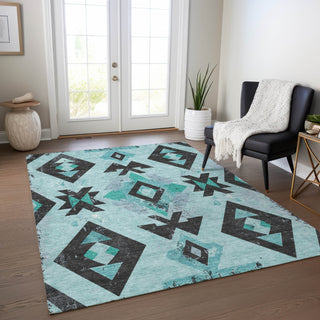 Piper Looms Chantille Aztec ACN1882 Teal Machine Washable Area Rug Lifestyle Image Feature