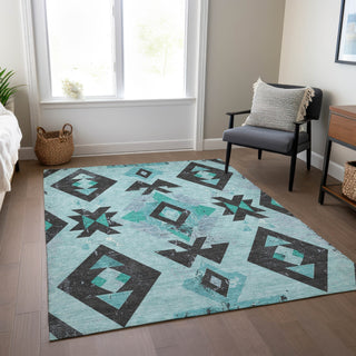 Piper Looms Chantille Aztec ACN1882 Teal Machine Washable Area Rug Lifestyle Image Feature