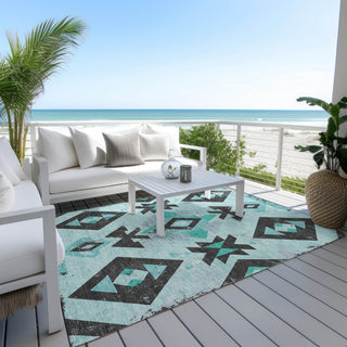Piper Looms Chantille Aztec ACN1882 Teal Machine Washable Area Rug Outdoor Lifestyle Image Feature