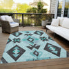 Piper Looms Chantille Aztec ACN1882 Teal Machine Washable Area Rug Outdoor Lifestyle Image Feature