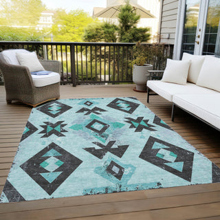 Piper Looms Chantille Aztec ACN1882 Teal Machine Washable Area Rug Outdoor Lifestyle Image Feature
