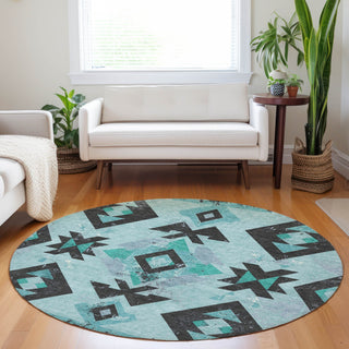 Piper Looms Chantille Aztec ACN1882 Teal Machine Washable Area Rug Round Lifestyle Image Feature