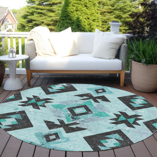 Piper Looms Chantille Aztec ACN1882 Teal Machine Washable Area Rug Round Outdoor Lifestyle Image Feature