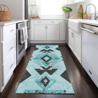 Piper Looms Chantille Aztec ACN1882 Teal Machine Washable Area Rug Runner Lifestyle Image Feature