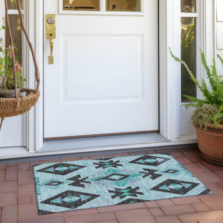 Piper Looms Chantille Aztec ACN1882 Teal Machine Washable Area Rug Scatter Outdoor Lifestyle Image Feature