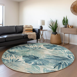 Piper Looms Chantille Floral ACN1886 Teal Machine Washable Area Rug Round Lifestyle Image Feature