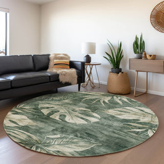 Piper Looms Chantille Floral ACN1887 Fern Machine Washable Area Rug Round Lifestyle Image Feature