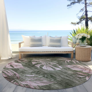 Piper Looms Chantille Floral ACN1887 Olive Machine Washable Area Rug Round Outdoor Lifestyle Image Feature