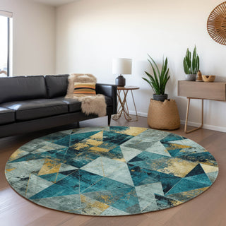 Piper Looms Chantille Geometric ACN1888 Teal Machine Washable Area Rug Round Lifestyle Image Feature