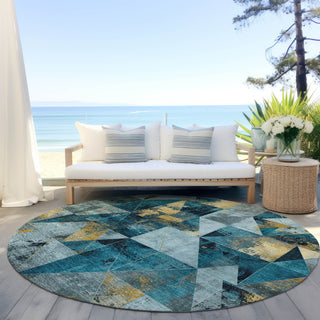 Piper Looms Chantille Geometric ACN1888 Teal Machine Washable Area Rug Round Outdoor Lifestyle Image Feature
