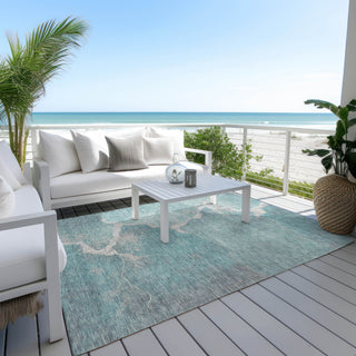 Piper Looms Chantille Abstract ACN1889 Teal Machine Washable Area Rug Outdoor Lifestyle Image Feature